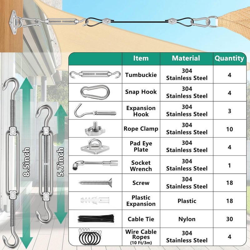Btvsd 4 PCS 10ft Sun Shade Sail Hardware Kit, 304 Stainless Steel Cable Wire with Nylon Coating - for Rectangle Triangle Square Shade Sail Installation, Outdoor Garden Patio - Image 4